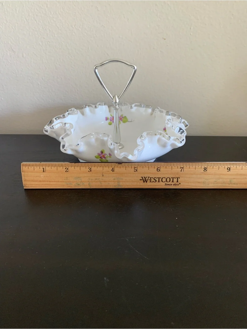 Vtg Fenton Violets in the Snow Milk Glass Candy Bon Bon Dish Signed M. Dickinson